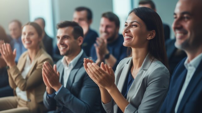 The company's employees clap their hands as a sign of success, support, and achievements. A team of cheerful smiling multiethnic group of people applauds at a briefing in the office.