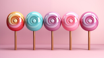 Multicolored lollipops on a pink background.