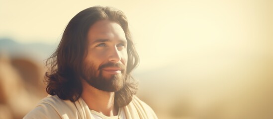 Smiling Jesus Christ in the rays of the shining sun on an unfocused background with an empty space - obrazy, fototapety, plakaty