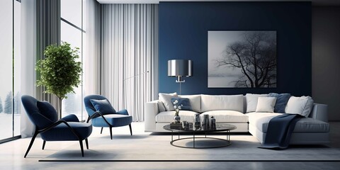 A minimalistic room with designer furniture in blue and white