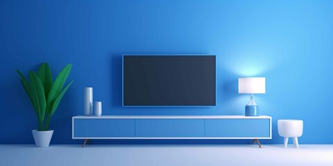 3d modern living room with a TV isolated in blue studio, minimal design, 3d illustration, 3d photography, all blue