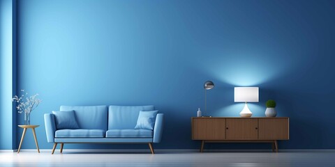 3d modern living room with a TV isolated in blue studio, minimal design, 3d illustration, 3d photography, all blue