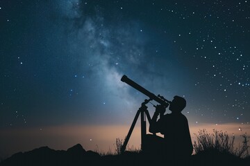Astronomer stargazing through telescope at remote observatory. - obrazy, fototapety, plakaty