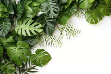Green tropical leaves frame on white background. Summer concept.