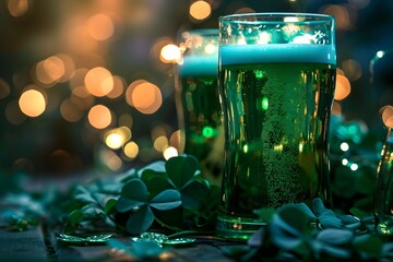Glasses of vibrant green beer set against a backdrop of shamrocks