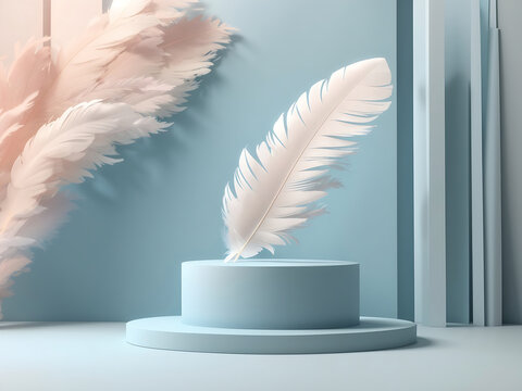 Abstract minimal concept. Pastel blue Podium background with soft feathers. Mock-up template for product presentation design. 3D rendering. Copy text space