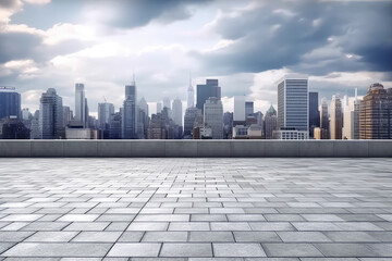 Panoramic skyline and buildings with empty brick concrete square floor cityscape. 3d render illustration.
