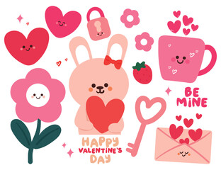 hand drawing cartoon animal with valentine element sticker set. cute valentine icon and doodle sticker