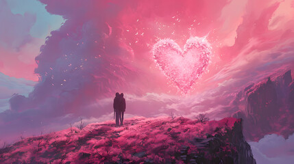 As the sun sets behind the majestic mountain, two anime characters pause to admire a heart-shaped cloud in the magenta sky, reminding them of the love and beauty in the natural world