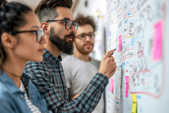 man and team in office room. "Planning Success: Team Goals in Focus"