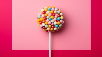 Multicolored lollipop on a pink background.