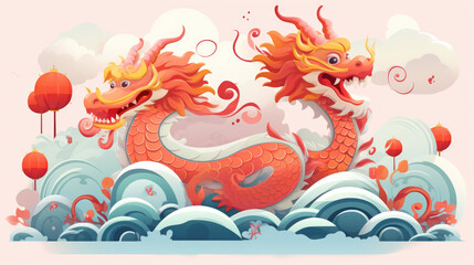 Fototapeta na wymiar Happy chinese new year of dragon 2024 card illustration with funny dragon in waves and clouds background.