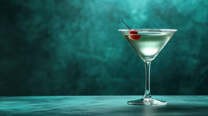  a close up of a martini glass with a cherry on the rim and a green wall in the back ground. - obrazy, fototapety, plakaty