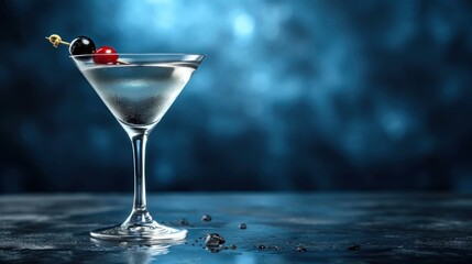  a close up of a martini glass with a cherries garnish on the rim and a blue background. - obrazy, fototapety, plakaty