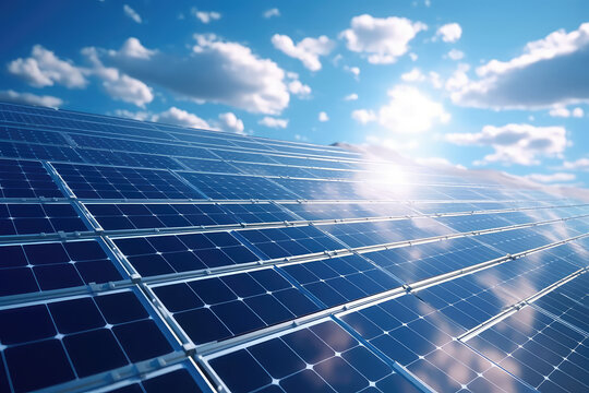 Bright blue solar panels under a cloudy sky with the sun shining. 3d render illustration.