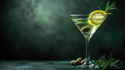  a close up of a martini glass with a lemon and rosemary garnish on a table with olives.