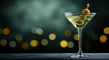  a martini with olives in a martini glass on a table with a boke of lights in the background.