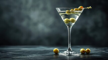 a martini glass filled with olives on top of a wooden table in front of a dark background with smoke. - obrazy, fototapety, plakaty