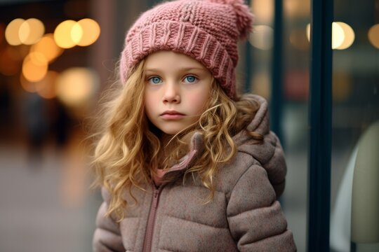 Portrait of a beautiful little girl in a pink hat and coat.