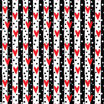 Red hearts and polka dots on a black and white striped background, geometric seamless pattern, vector. Cute background for Valentine's Day