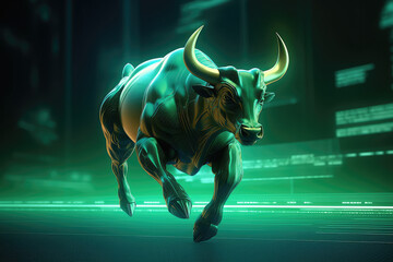Metallic green bull or bullish with market trend in crypto currency or stocks. Trade exchange background, up arrow graph for increase in rates.3d render illustration. - obrazy, fototapety, plakaty