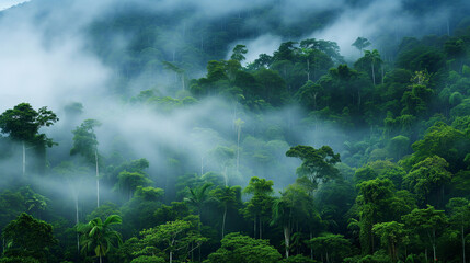 Misty morning in the forest, Misty morning in the mountains, Mist Surround Pristine Rainforest, Ai generated image 