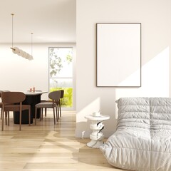 interior mockup in modern dining room, vertical wood frame on white wall. Empty poster mock up. 3D illustration