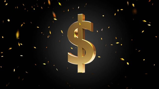 3D animated US Dollar symbol with confetti in dark background - 4k video