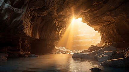 beautiful hidden cave with a small pool of water and a ray of sun - obrazy, fototapety, plakaty