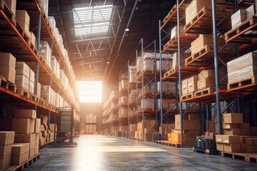 Empty Warehouse full of blank cardboard boxes stacked. 3d render illustration. - obrazy, fototapety, plakaty