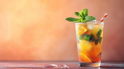 a glass of iced tea with a mint garnish on the rim and a straw sticking out of it.