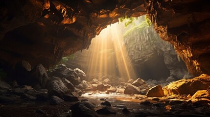 beautiful cave with a small pool of water and a ray of sun entering