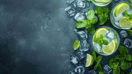  two glasses of mojito with limes and mints on a dark background with ice cubes and mints.