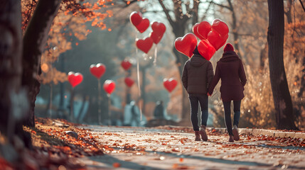 A couple's love blossoms amidst the changing seasons, as they stroll hand in hand with vibrant red heart-shaped balloons, standing tall among the trees and embracing the beauty of the outdoors - obrazy, fototapety, plakaty