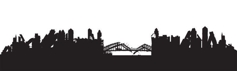 Silhouette of a destroyed city on a white background. The city is in ruins, a disaster in the city. Bombed street. Vector.