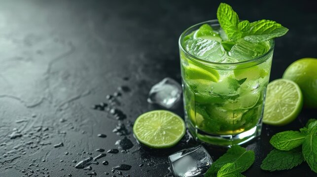  A Glass Of Mojito With Limes And Mints On A Black Table With Water Droplets And Ice Cubes.