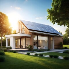 Solar panels generating electricity on a one-floor house with a plain gradient background. Photovoltaics. Renewable energy. Generated AI.