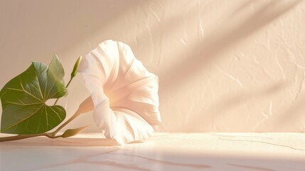 Fototapeta na wymiar a white flower sitting on top of a table next to a shadow of a leaf on the wall behind it.