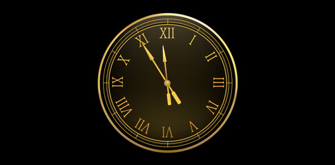 Mechanical Roman Numerals Wall Clock Design On Black Background, Gold Clock New Year Concept Vector Illustration.
