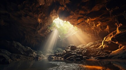 beautiful hidden cave with a small pool of water and a ray of sun entering in high resolution and quality HD
