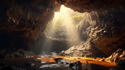 beautiful hidden cave with a small pool of water and a ray of sunlight entering in high resolution and quality and with good lighting