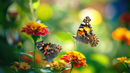 Obraz premium Butterflies with intricate patterns on vibrant flowers, natural background