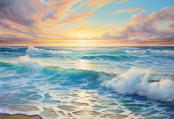Wellen brechen bei traumhaften Licht an einem Sandstrand, Fantasievolle Szene an einem einsamen Strand