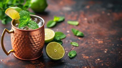  a copper mug with a lime and mint garnish sits on a table surrounded by mint and limes.