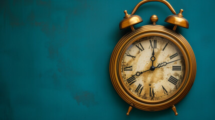 New Year's Eve concept. Vintage golden clock on a blue background, Vintage golden clock on a blue background, Ai generated image
