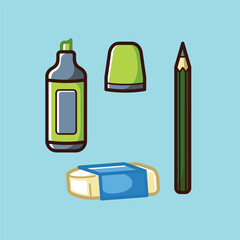 Cute colorful cartoon school stationery and supplies vector design art for students and education