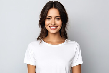 Fototapeta premium Happy woman with white shirt created with Generative AI