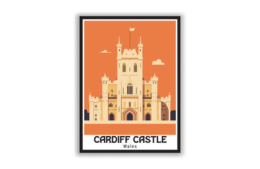 Cardiff Castle, Wales. Vintage Travel Posters. Vector art. Famous Tourist Destinations Posters Art Prints Wall Art and Print Set Abstract Travel for Hikers Campers Living Room Decor