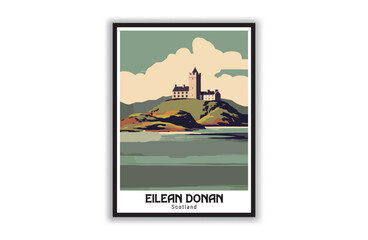 Eilean Donan, Scotland. Vintage Travel Posters. Vector art. Famous Tourist Destinations Posters Art Prints Wall Art and Print Set Abstract Travel for Hikers Campers Living Room Decor