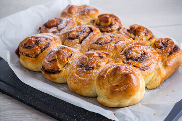 cooked baked sweet bun rolls with chocolate filling